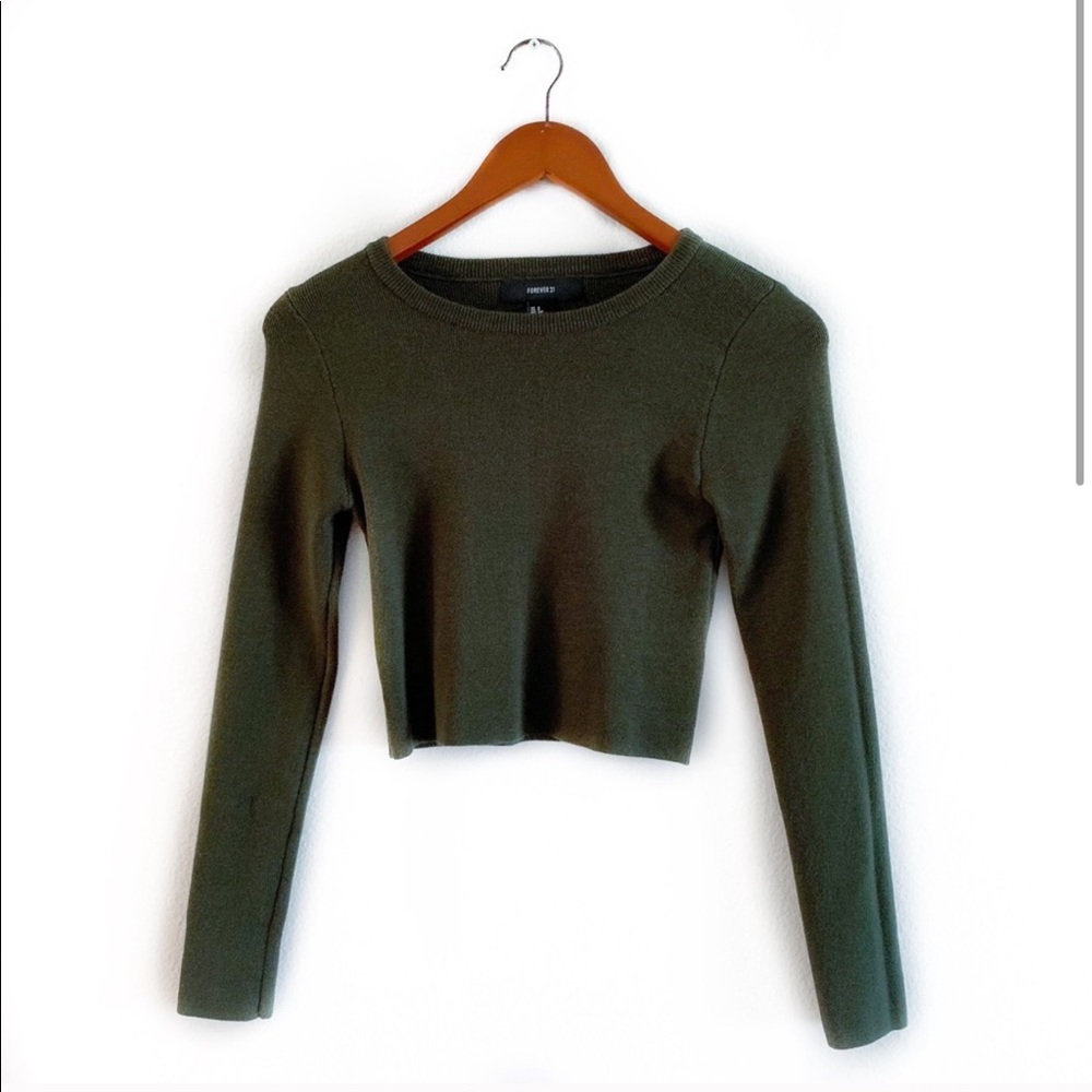 Forever 21 Olive Knit Crop Top with Long Sleeves